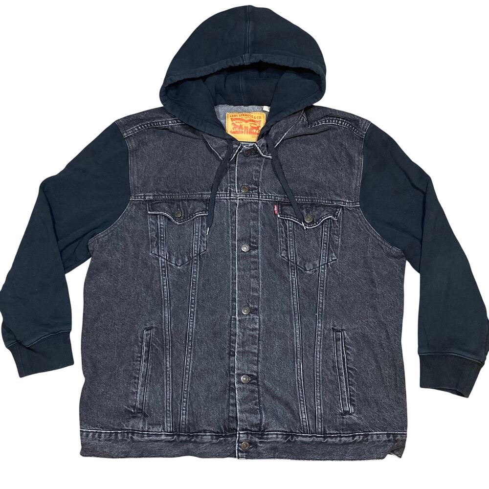 Levi's Hybrid Hooded Trucker Jacket Sweater Mens 3XL Black Denim Jean